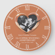 7th Copper Wedding Anniversary Custom Photo Heart Large Clock at Zazzle