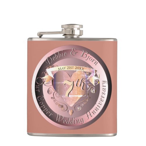 7th Copper Wedding Anniversary Medallion Flask