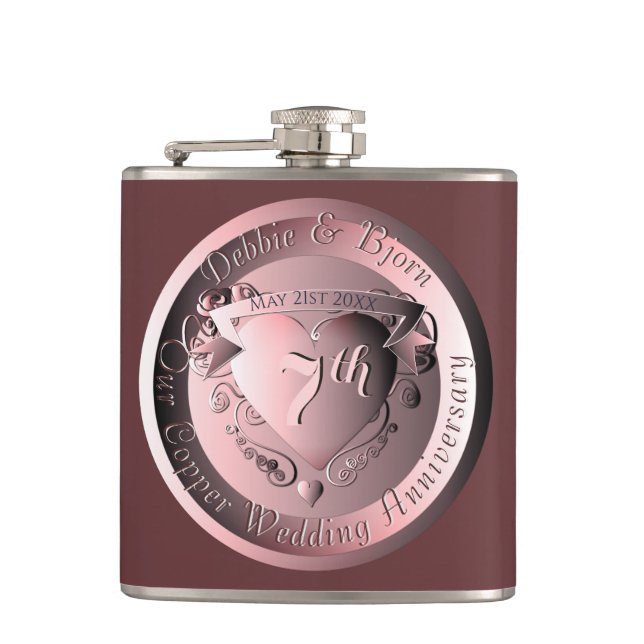 7th Copper Wedding Anniversary Medallion Flask (Front)