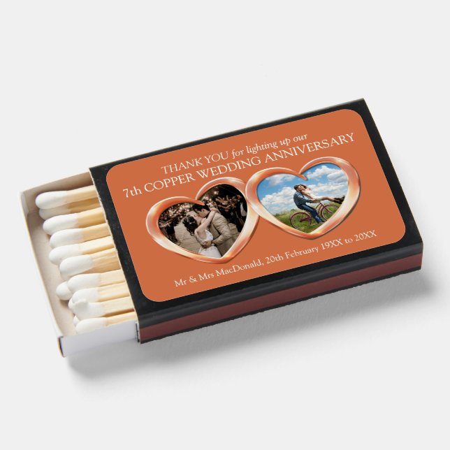 7th copper wedding anniversary photo hearts matchboxes (Front Open)