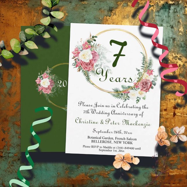 7th Copper Wedding Anniversary Roses Gold Frame Invitation (Creator Uploaded)