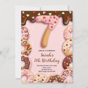 7th Donut Birthday Girls Invitation
