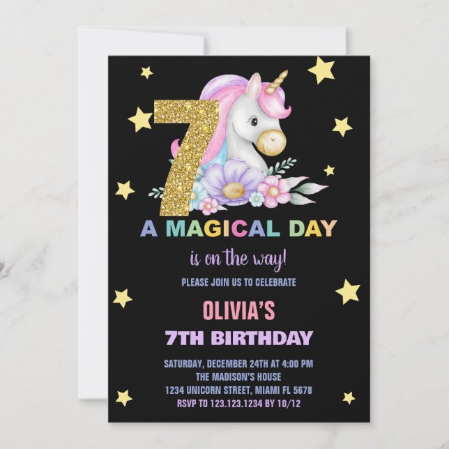 7th Floral Unicorn Birthday Invitations (Front)
