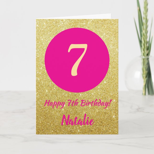 7th Happy Birthday Hot Pink and Gold Glitter Card (Front)