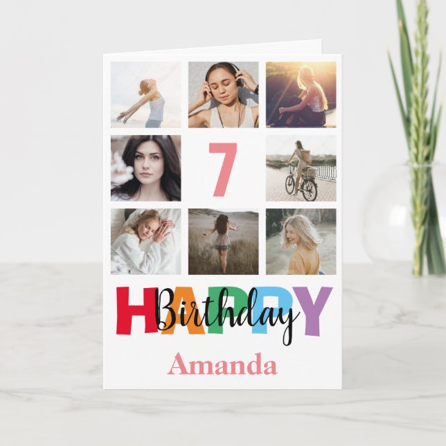 7th Happy Birthday Photo Collage Modern Pink Card (Front)