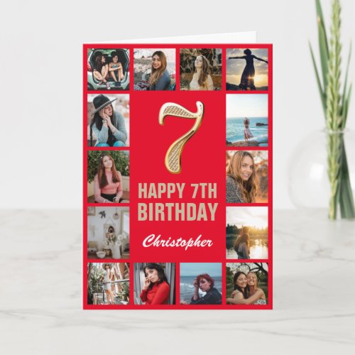 7th Happy Birthday Red and Gold Photo Collage Card