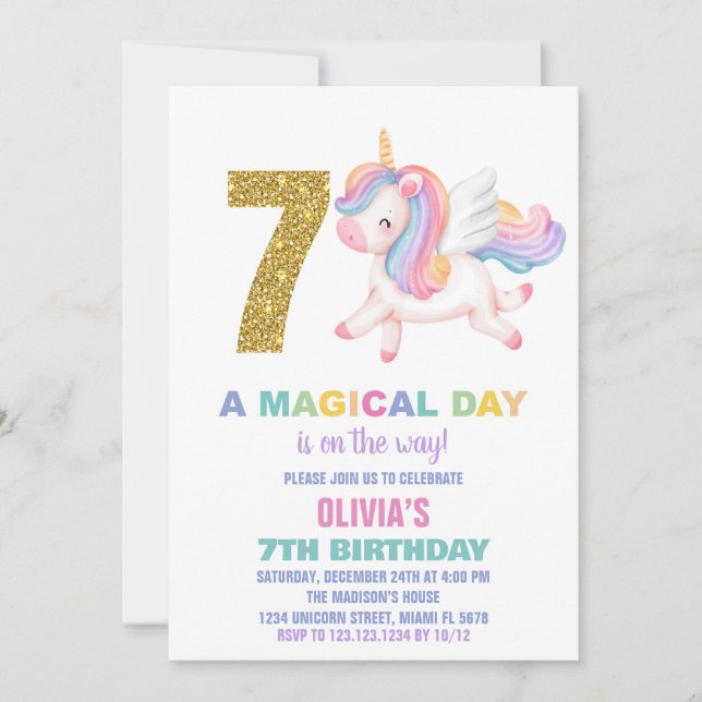 7th Rainbow Unicorn Birthday Invitations (Front)