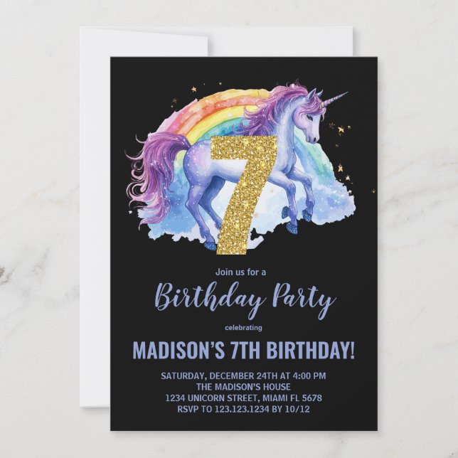 7th Rainbow Unicorn Birthday Invitations (Front)