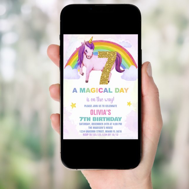 7th Rainbow Unicorn Birthday Invitations Cloud (Front Digital)