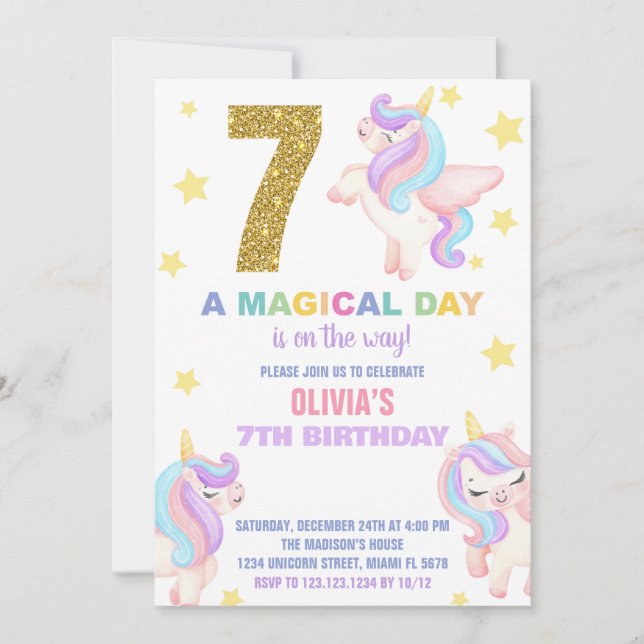 7th Rainbow Unicorn Birthday Invitations Fly (Front)