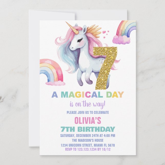 7th Rainbow Unicorn Birthday Invitations Glitter (Front)