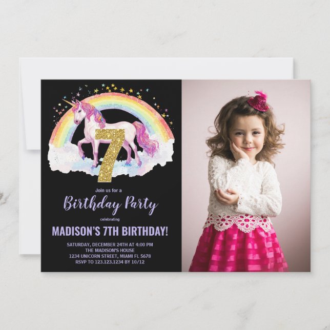 7th Rainbow Unicorn Birthday Invitations photo (Front)