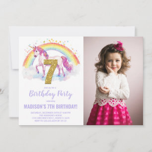 7th Rainbow Unicorn Birthday Invitations photo