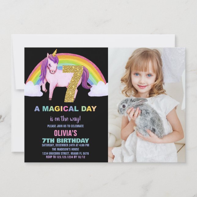 7th Rainbow Unicorn Birthday Invitations Photo (Front)