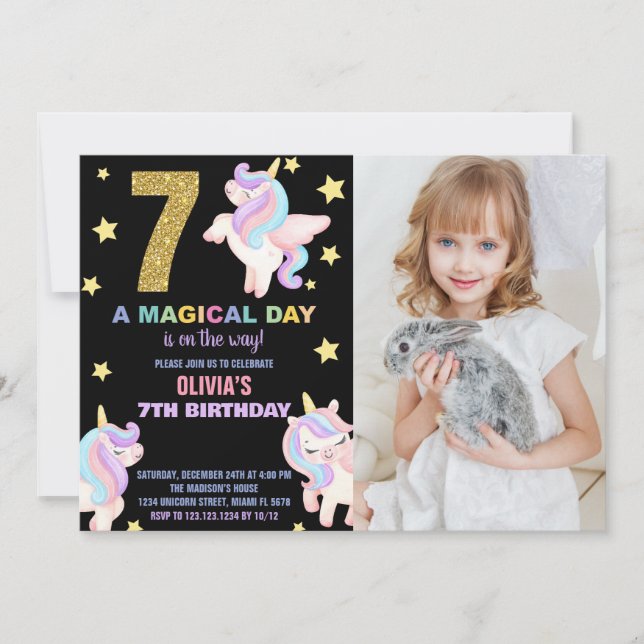 7th Rainbow Unicorn Birthday Invitations w photo (Front)