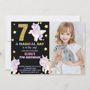7th Rainbow Unicorn Birthday Invitations w photo