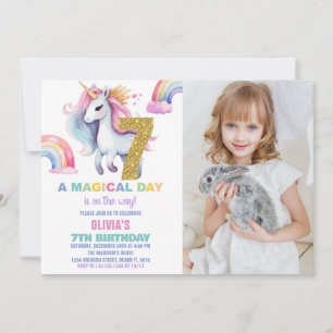 7th Rainbow Unicorn Birthday Invitations w photo