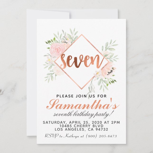 7th Rose Gold Birthday Invitation (Front)