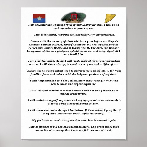 7th special forces green beret vietnam flash creed poster