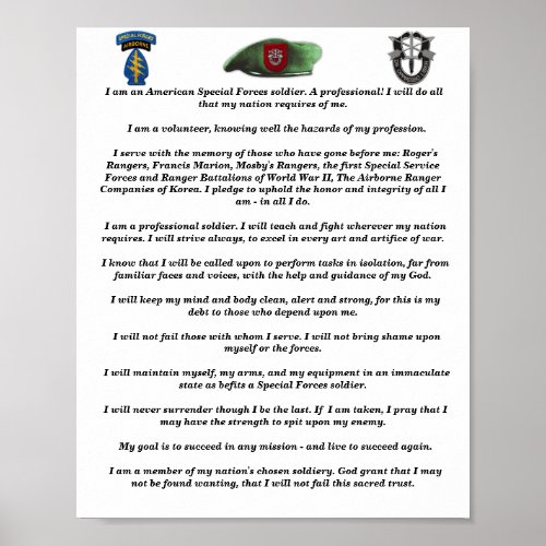 7th Special Forces SFGA Green Berets Creed  Poster