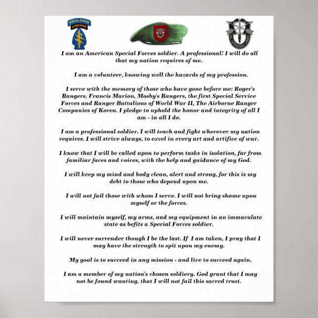 7th Special Forces SFGA Green Berets Creed  Poster (Front)