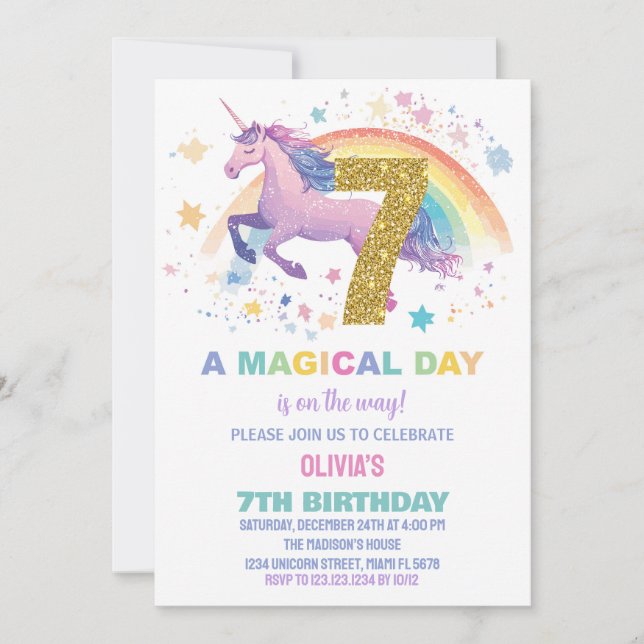 7th Unicorn Birthday Invitations (Front)