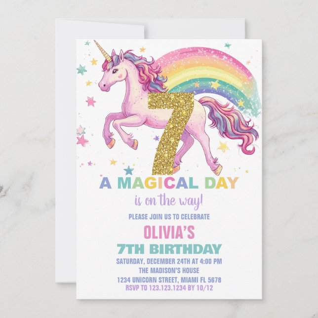 7th Unicorn Birthday Invitations (Front)