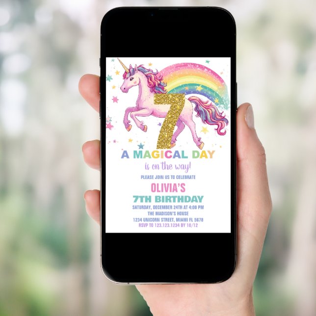 7th Unicorn Birthday Invitations (Front Digital)