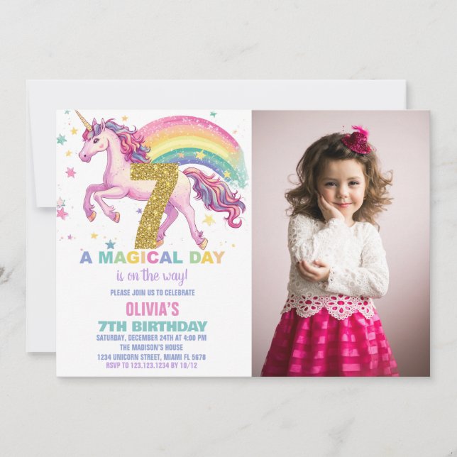 7th Unicorn Birthday Invitations with picture (Front)