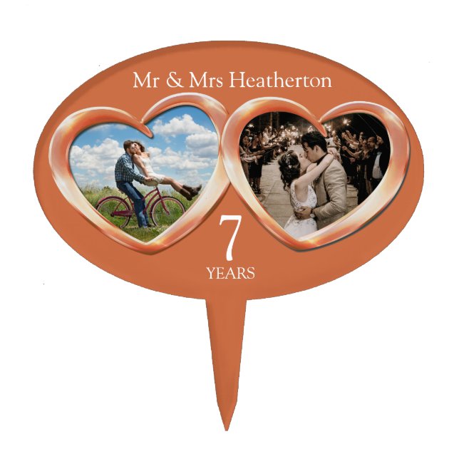 7th Wedding anniversary Copper 2 hearts photo  Cake Topper (Front)