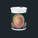 7th Wedding Anniversary Copper Fresia Beverage Pitcher<br><div class="desc">Everyone deserves a heart emblem to mark their milestones and for your 7th wedding anniversary, it's no different! So, I've designed a metal-like medallion and fresia graphics-the anniversary flower-for just that. I'm also available for any customization or custom illustration made just for you. Please message me and I'll get right...</div>