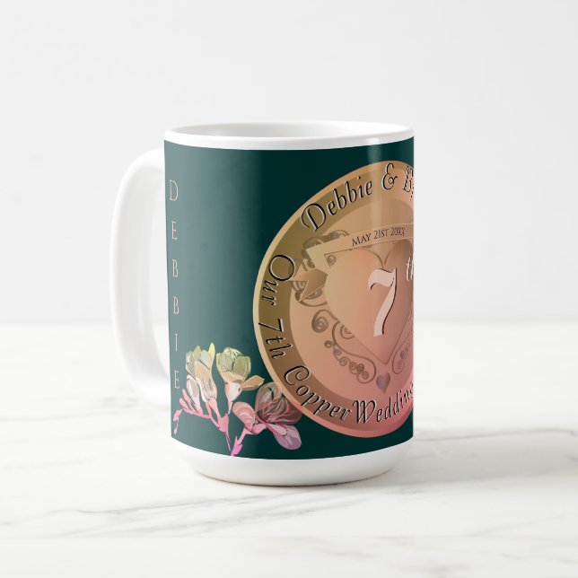 7th Wedding Anniversary Copper Fresia Coffee Mug (Front Left)