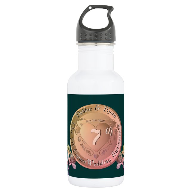 7th Wedding Anniversary Copper Fresia Stainless Steel Water Bottle (Front)