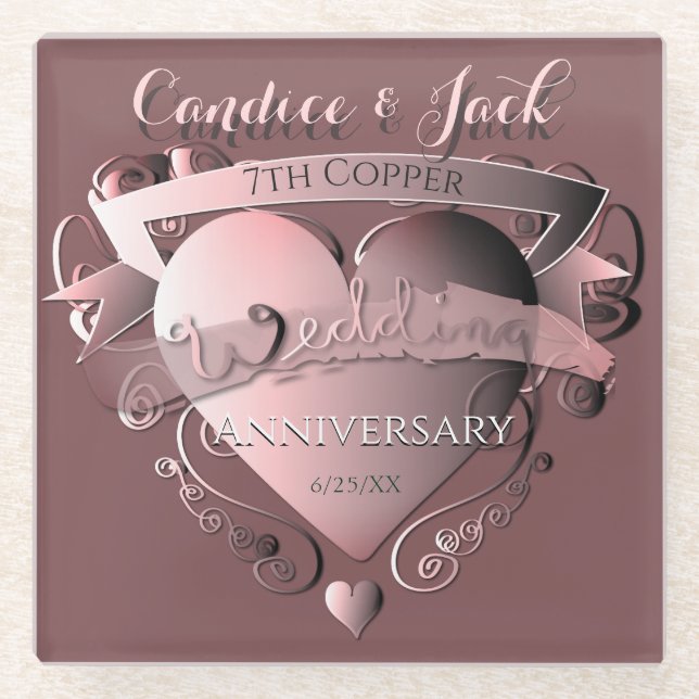7th Wedding Anniversary Copper Glass Coaster (Front)