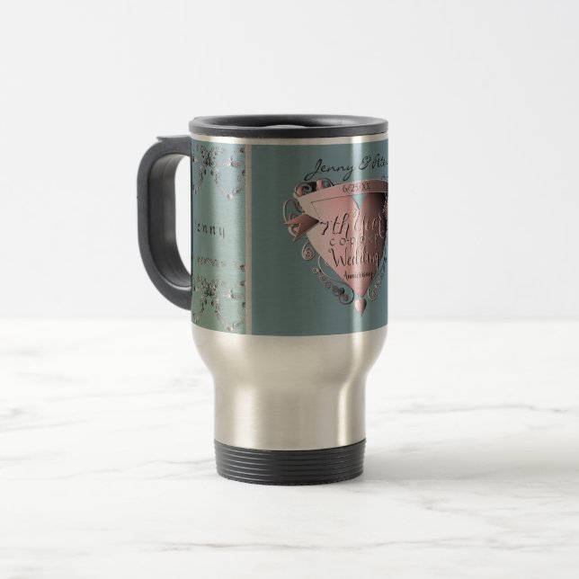 7th Wedding Anniversary Copper Heart Emblem  Trave Travel Mug (Front Left)