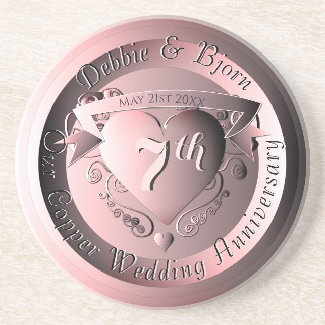 7th Wedding Anniversary Copper Medallion Coaster (Front)