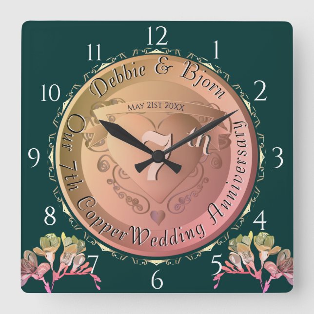 7th Wedding Anniversary Coppery Heart Emblem  Square Wall Clock (Front)