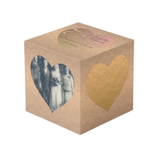 7th Wedding Anniversary Coppery Hearts Photo Cube (Front Angled)