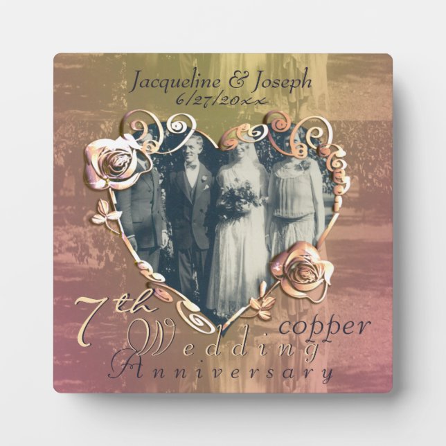 7th Wedding Anniversary Coppery Rose Photo Plaque (Front)
