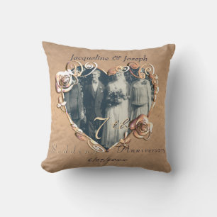 7th Wedding Anniversary Coppery Rose Photo  Throw  Pillow
