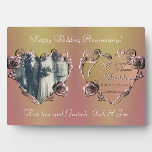 7th Wedding Anniversary Coppery Rose Plaque