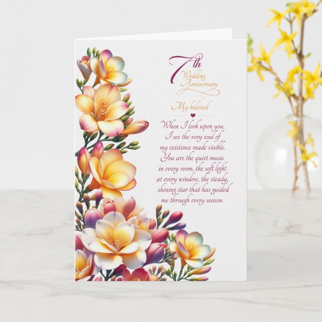 7th Wedding Anniversary Sentimental Freesia Flower Card (Yellow Flower)