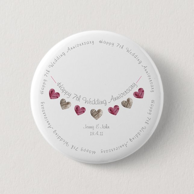 7th wedding anniversary wool heart bunting button (Front)
