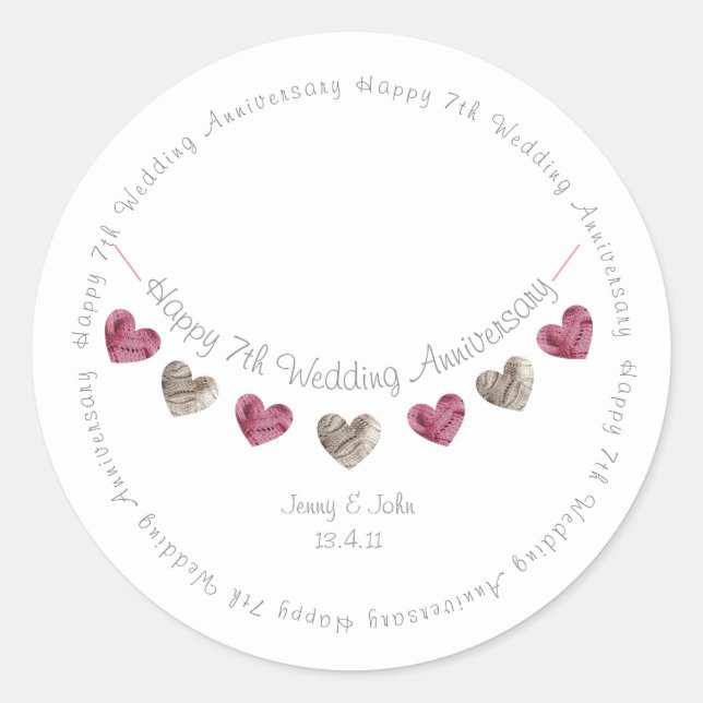 7th wedding anniversary wool heart bunting classic round sticker (Front)