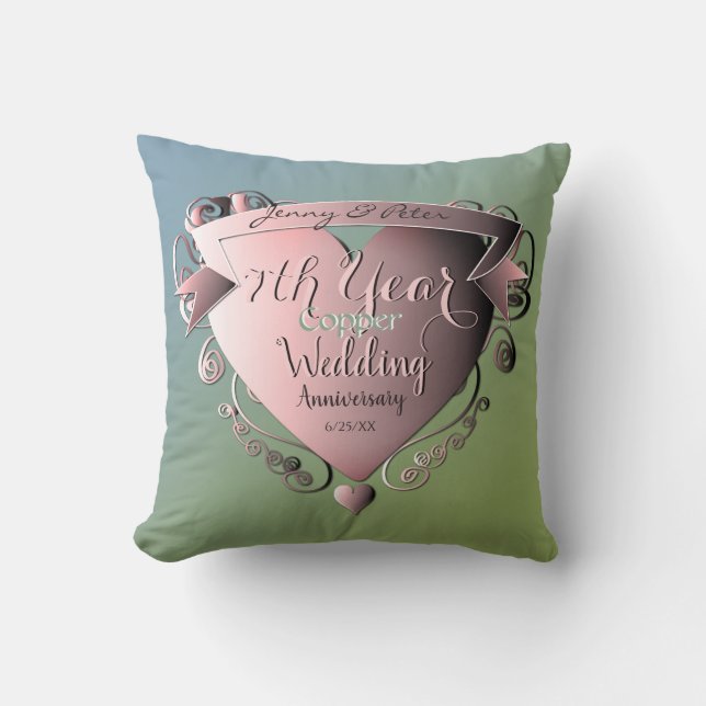 7th Year Wedding Anniversary Copper Green Throw Pillow (Front)