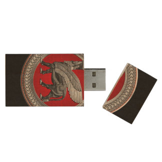 [800] Assyrian Winged Bull: Silver & Black Lamassu Wood Flash Drive