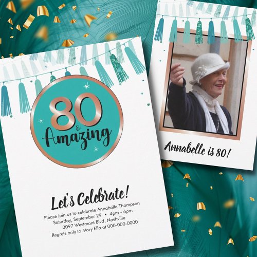 80  Amazing Teal 80th Birthday Party Invitation