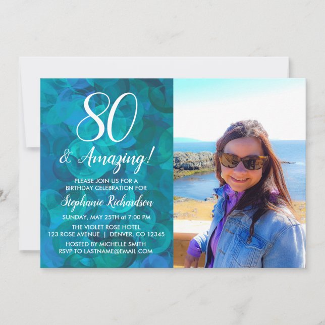 80 and Amazing Abstract Ocean Blue Photo Birthday  Invitation (Front)