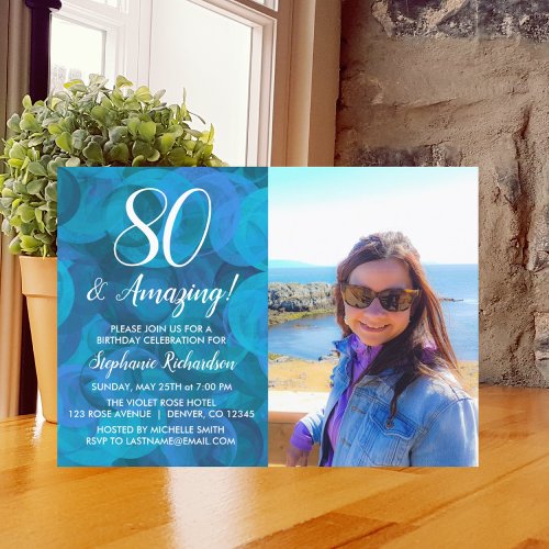 80 and Amazing Elegant Ocean Blue Photo Birthday Invitation