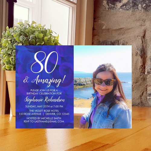 80 and Amazing Elegant Royal Blue Photo Birthday Invitation